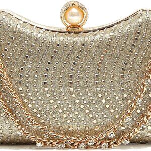 Gold Women's Rhinestone Clutch Purse with Pearl Chain for Elegant Occasions